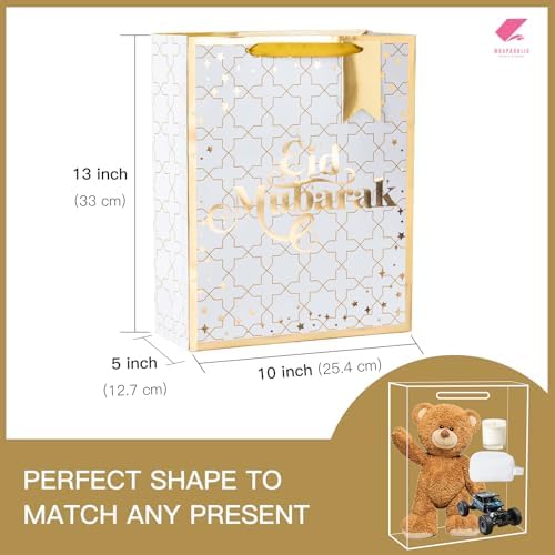 Bolsas de Regalo WRAPAHOLIC 13 Eid Mubarak con Papel de Seda y Etiqueta - Cruz de Foil Dorado - Bolsas de Papel para Celebración del Ramadán - imagen 2