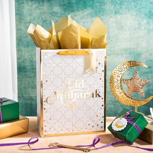 Bolsas de Regalo WRAPAHOLIC 13 Eid Mubarak con Papel de Seda y Etiqueta - Cruz de Foil Dorado - Bolsas de Papel para Celebración del Ramadán - imagen 4