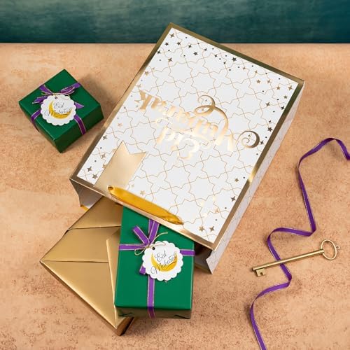 Bolsas de Regalo WRAPAHOLIC 13 Eid Mubarak con Papel de Seda y Etiqueta - Cruz de Foil Dorado - Bolsas de Papel para Celebración del Ramadán - imagen 5