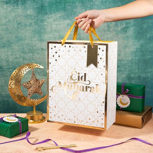 Bolsas de Regalo WRAPAHOLIC 13 Eid Mubarak con Papel de Seda y Etiqueta - Cruz de Foil Dorado - Bolsas de Papel para Celebración del Ramadán - imagen 6