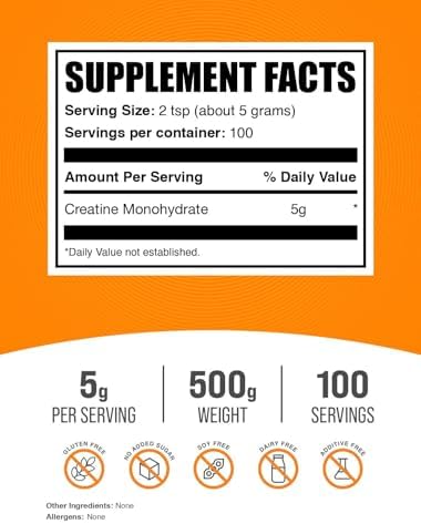 Creatina Monohidratada en Polvo BulkSupplements.com - Creatina Micronizada Sin Sabor, Pura y Sin Gluten, 5g por Porción, 500g (1.1 lbs) - imagen 2