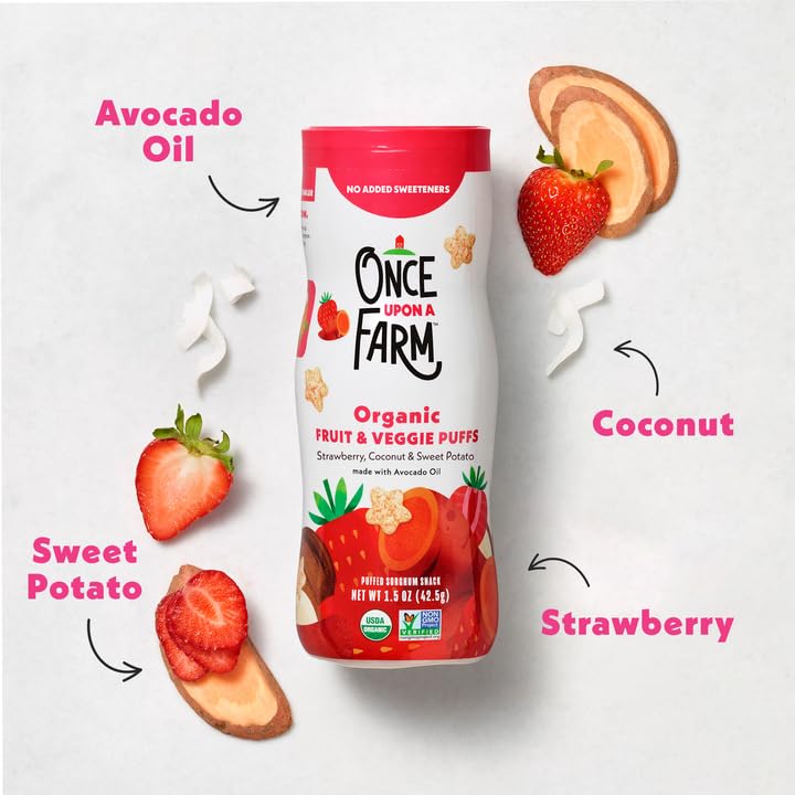 Once Upon A Farm Snack de Sorghum Inflado de Fresa, Coco y Camote, Puffs de Fruta y Verdura, No GMO, 1.5 Onzas (Paquete de 6) - imagen 4