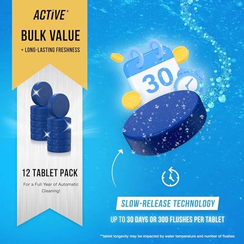 Tabletas Limpiadoras Automáticas para Inodoro ACTIVE, Gel Azul, Eliminador de Manchas de Agua Dura, Seguro para Sépticos, 12 Tabs, Aroma Fresco - imagen 4