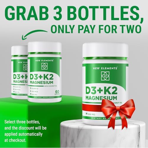 Nuevo Elements Vitamina D3 K2 10,000 UI con Magnesio Glicinato 500mg - Salud Ósea, Soporte Inmunológico, Energía y Ánimo - Softgels Sin OGM, Sin - imagen 3