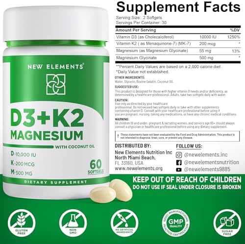 Nuevo Elements Vitamina D3 K2 10,000 UI con Magnesio Glicinato 500mg - Salud Ósea, Soporte Inmunológico, Energía y Ánimo - Softgels Sin OGM, Sin - imagen 4