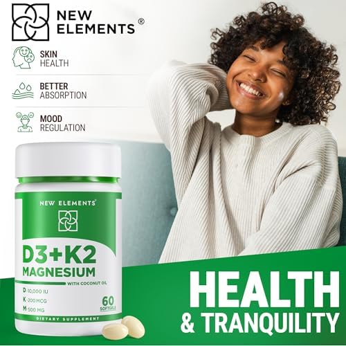 Nuevo Elements Vitamina D3 K2 10,000 UI con Magnesio Glicinato 500mg - Salud Ósea, Soporte Inmunológico, Energía y Ánimo - Softgels Sin OGM, Sin - imagen 6