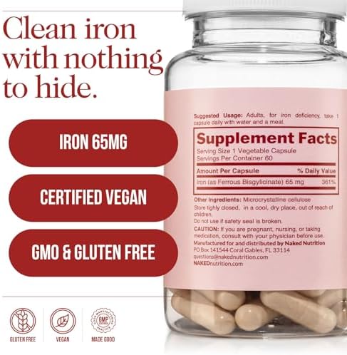 Suplemento de Hierro Naked Iron 65mg, 325mg Bisglicinato de Hierro - Alta Potencia para Deficiencia de Hierro, Energía Celular, Producción Saludable - imagen 5