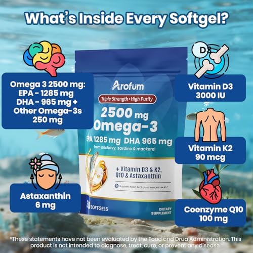 Arofum Omega 3 Aceite de Pescado con Vitaminas D3 y K2 – 300 Geles Blandos con Sabor a Limón | Suplemento Omega 3 para Corazón, Cerebro, Ojos e - imagen 3