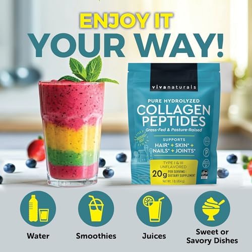 Viva Naturals Polvo de Péptidos de Colágeno - Bovino Hidrolizado Alimentado con Pasto, Tipo I y III - 19 g de Proteína, Sin Sabor, Fácil Disolución - - imagen 3