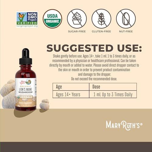 Suplemento de Hongo Melena de León MaryRuth Organics, Hasta 1 Mes de Suministro, Extracto Orgánico USDA, Gotas Herbales Veganas Sin Alcohol, 1 Fl Oz - imagen 3