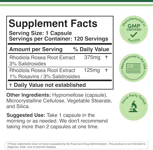 Suplemento de Rhodiola Rosea 500mg, 120 Cápsulas Veganas (Prueba de Terceros, Sin Gluten, 3% Salidrosidos, 1% Extracto de Rosavinas) para - imagen 2