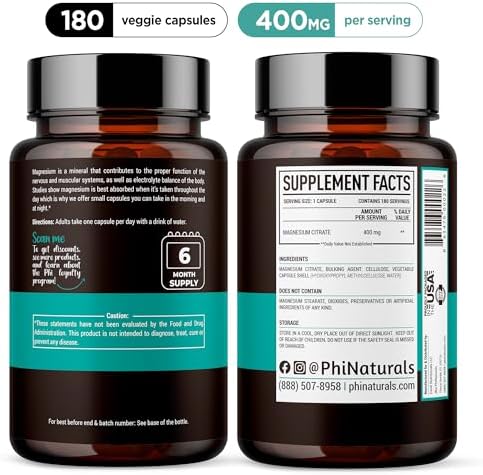 Cápsulas de Citrato de Magnesio en Polvo 400mg - 180 Veg Caps - Suplementos PhiNaturals - Apoyo al Sistema Nervioso y Función Enzimática - imagen 2