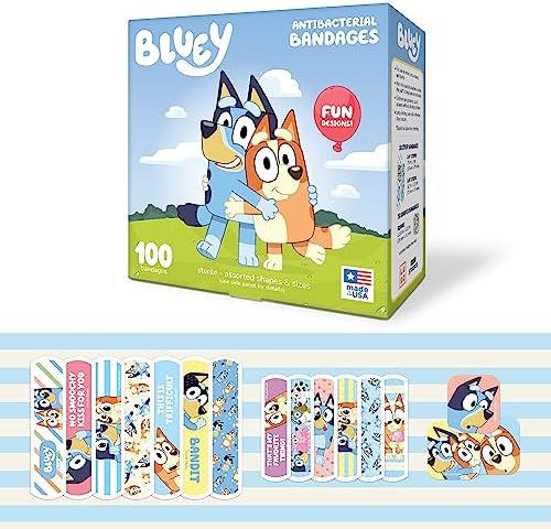 Curitas de Bluey para Niños, 100 Piezas en 3 Tamaños, Adhesivas y Flexibles para Cortes, Raspones y Quemaduras. Ideal como Regalo o Relleno de - imagen 1
