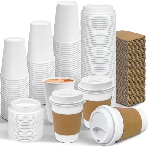 Ginkgo 100 Piezas Tazas de Papel Desechables de 12 oz a Prueba de Fugas con Tapas y Mangas para Café, Chocolate Caliente, Té y Más - imagen 1