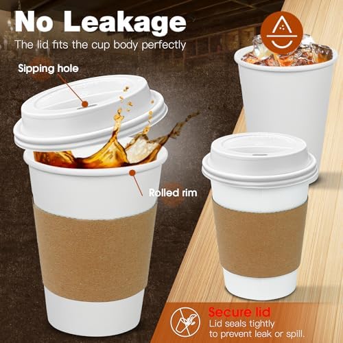 Ginkgo 100 Piezas Tazas de Papel Desechables de 12 oz a Prueba de Fugas con Tapas y Mangas para Café, Chocolate Caliente, Té y Más - imagen 2