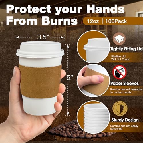 Ginkgo 100 Piezas Tazas de Papel Desechables de 12 oz a Prueba de Fugas con Tapas y Mangas para Café, Chocolate Caliente, Té y Más - imagen 3