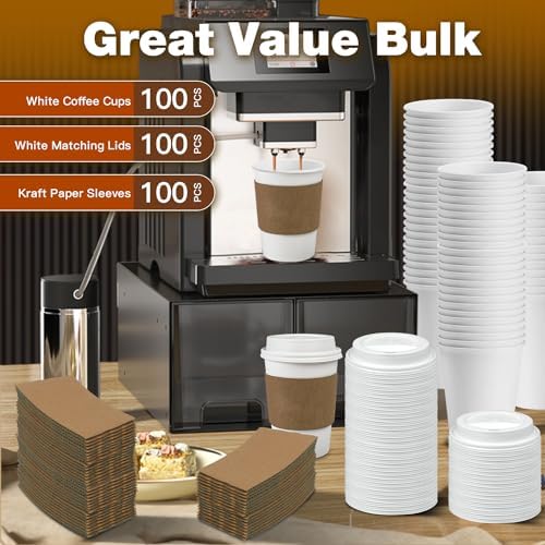 Ginkgo 100 Piezas Tazas de Papel Desechables de 12 oz a Prueba de Fugas con Tapas y Mangas para Café, Chocolate Caliente, Té y Más - imagen 6