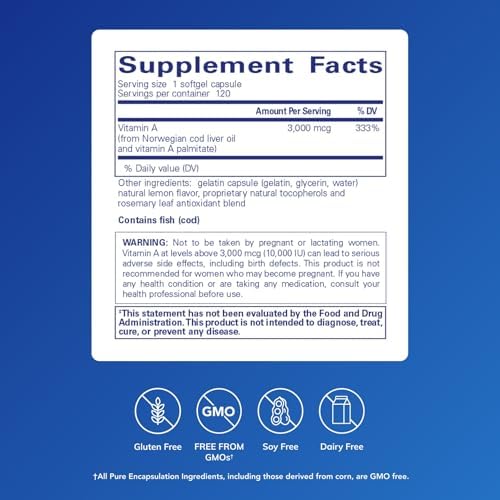 Vitamin A de Pure Encapsulations - 3,000 mcg - Aceite de Hígado de Bacalao - Soporte Inmunológico y Visual - Suplemento de Palmitato de Vitamina A - - imagen 2
