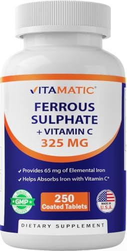 Suplemento de Hierro Vitamatic 325 mg de Sulfato Ferroso con 100 mg de Vitamina C – Alta Potencia – Sin Colores Artificiales – 250 Tabletas - imagen 1