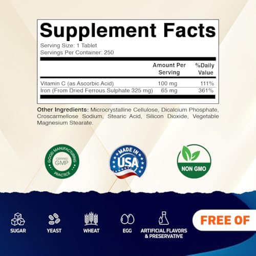 Suplemento de Hierro Vitamatic 325 mg de Sulfato Ferroso con 100 mg de Vitamina C – Alta Potencia – Sin Colores Artificiales – 250 Tabletas - imagen 2