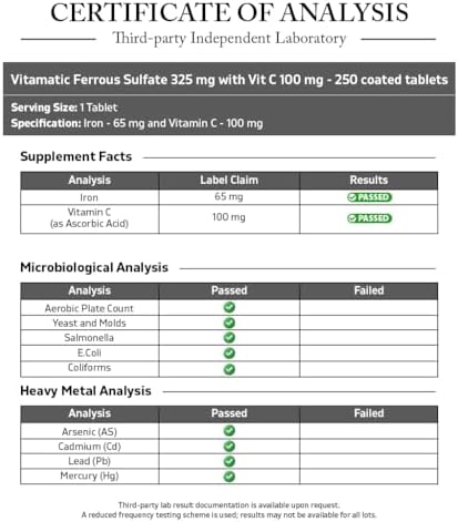 Suplemento de Hierro Vitamatic 325 mg de Sulfato Ferroso con 100 mg de Vitamina C – Alta Potencia – Sin Colores Artificiales – 250 Tabletas - imagen 3