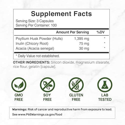 Psyllium Husk 1500mg por Porción, 300 Cápsulas – Suplemento de Fibra 3 en 1 con Inulina y Complejo de Acacia – Fibra Natural Soluble, Apoya la Salud - imagen 2