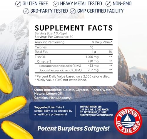 Aceite de Pescado Omega 3 Triple Fuerza 1200 mg | EPA & DHA | Omega-3 de Pescado Salvaje, Sostenible | Suplementos Premium Sin Eructos | No GMO, - imagen 5