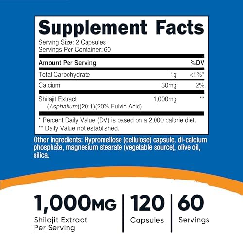 Cápsulas de Shilajit Nutricost (1,000 mg por porción) - Extracto de Shilajit con Ácido Fúlvico Natural, 120 Cápsulas, Suplemento Dietético Vegano y - imagen 2