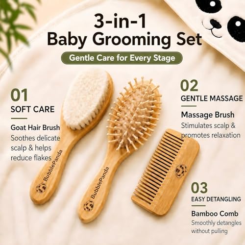 Set de Cepillo y Peine para Bebé BubblePanda – Kit 3 en 1 con Cepillo de Cabello Suave de Cabra, Peine de Bambú y Masajeador de Cuero Cabelludo, - imagen 2