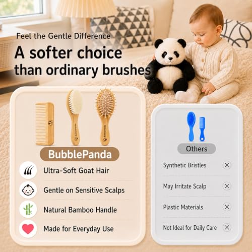 Set de Cepillo y Peine para Bebé BubblePanda – Kit 3 en 1 con Cepillo de Cabello Suave de Cabra, Peine de Bambú y Masajeador de Cuero Cabelludo, - imagen 5