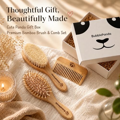 Set de Cepillo y Peine para Bebé BubblePanda – Kit 3 en 1 con Cepillo de Cabello Suave de Cabra, Peine de Bambú y Masajeador de Cuero Cabelludo, - imagen 7