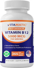 Vitamatic Vitamina B12 5000 mcg – 365 Tabletas de Disolución Rápida Sabor Berry – Apoya la Energía y la Salud del Sistema Nervioso – Sin OGM, Sin - imagen 1