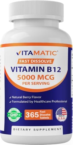 Vitamatic Vitamina B12 5000 mcg – 365 Tabletas de Disolución Rápida Sabor Berry – Apoya la Energía y la Salud del Sistema Nervioso – Sin OGM, Sin - imagen 1