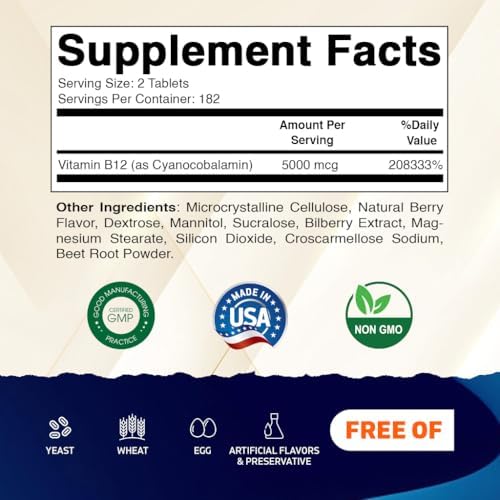 Vitamatic Vitamina B12 5000 mcg – 365 Tabletas de Disolución Rápida Sabor Berry – Apoya la Energía y la Salud del Sistema Nervioso – Sin OGM, Sin - imagen 2