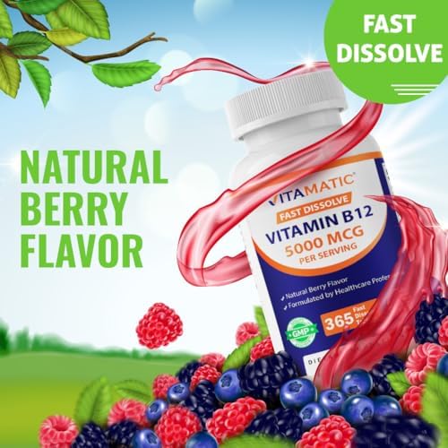 Vitamatic Vitamina B12 5000 mcg – 365 Tabletas de Disolución Rápida Sabor Berry – Apoya la Energía y la Salud del Sistema Nervioso – Sin OGM, Sin - imagen 5