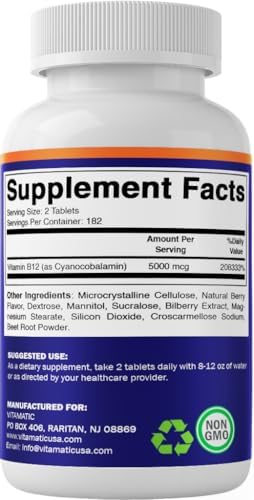 Vitamatic Vitamina B12 5000 mcg – 365 Tabletas de Disolución Rápida Sabor Berry – Apoya la Energía y la Salud del Sistema Nervioso – Sin OGM, Sin - imagen 8