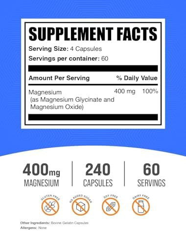 Cápsulas de Glicinato de Magnesio BulkSupplements.com - Suplemento de Magnesio, Alta Absorción, Sin Gluten, 4 Cápsulas por Porción (400mg), 240 - imagen 2