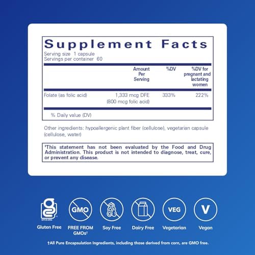 Ácido Fólico Pure Encapsulations | Suplemento Dietético Hipoalergénico | 60 Cápsulas - imagen 2