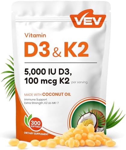 Suplemento VEV Corefeel de Vitamina D3 K2, 5000 IU D3 y 100 mcg K2 (MK 7), 300 Gelatinas Blandas, 2 en 1 con Aceite de Coco, Apoya la Absorción de - imagen 1