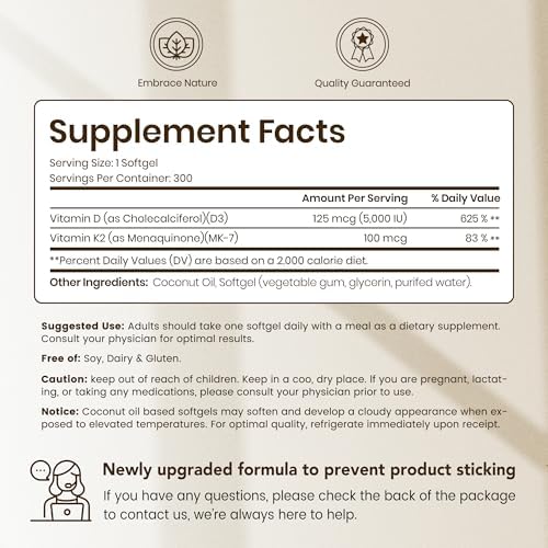 Suplemento VEV Corefeel de Vitamina D3 K2, 5000 IU D3 y 100 mcg K2 (MK 7), 300 Gelatinas Blandas, 2 en 1 con Aceite de Coco, Apoya la Absorción de - imagen 2