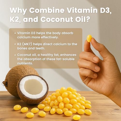 Suplemento VEV Corefeel de Vitamina D3 K2, 5000 IU D3 y 100 mcg K2 (MK 7), 300 Gelatinas Blandas, 2 en 1 con Aceite de Coco, Apoya la Absorción de - imagen 4