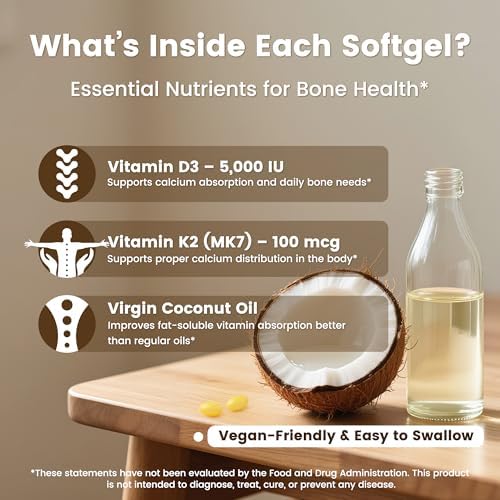 Suplemento VEV Corefeel de Vitamina D3 K2, 5000 IU D3 y 100 mcg K2 (MK 7), 300 Gelatinas Blandas, 2 en 1 con Aceite de Coco, Apoya la Absorción de - imagen 5