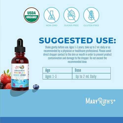 MaryRuth Organics Gotas Líquidas para Niños USDA | Sulfato de Zinc | Suplemento para Inmunidad y Salud de la Piel | Vegano | Sabor a Baya | 1-3 Años - imagen 3