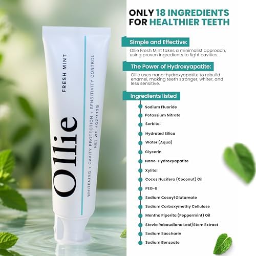 Pasta de Dientes Blanqueadora Ollie Fresh Mint con Flúor y Hidroxiapatita - Combate Caries, Blanquea Dientes y Refresca Aliento, 4oz - imagen 3