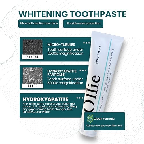 Pasta de Dientes Blanqueadora Ollie Fresh Mint con Flúor y Hidroxiapatita - Combate Caries, Blanquea Dientes y Refresca Aliento, 4oz - imagen 5
