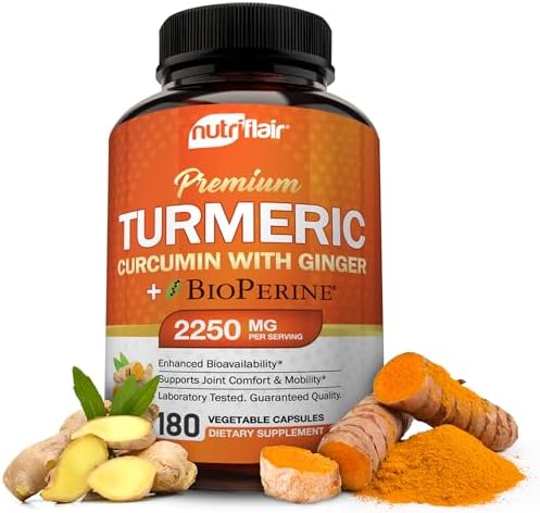 Suplementos de Cúrcuma Curcumina con Jengibre y BioPerine de NutriFlair, 180 Cápsulas - 95% Curcuminoides - Soporte Articular, Antioxidante, - imagen 1