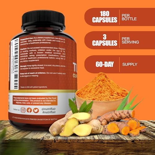 Suplementos de Cúrcuma Curcumina con Jengibre y BioPerine de NutriFlair, 180 Cápsulas - 95% Curcuminoides - Soporte Articular, Antioxidante, - imagen 2