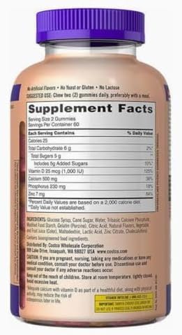 Gomitas Masticables de Calcio con Vitamina D3 para Adultos Kirkland Signature, 120 piezas por botella - imagen 3