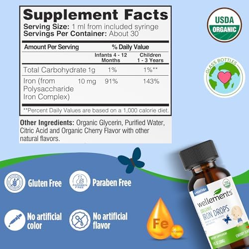 Wellements Gotas de Hierro Orgánicas para Bebés (1 Fl Oz) - Suplemento de Hierro Líquido con Sabor a Cereza - Apoyo al Crecimiento y Desarrollo (4 - imagen 3