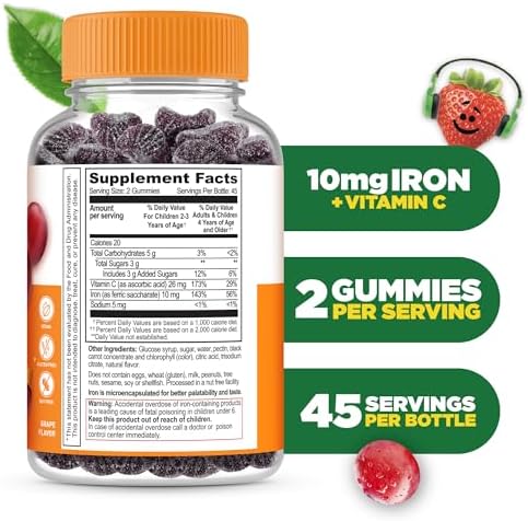 Suplementos de Hierro para Niños | 10mg | con Vitamina C | Gomas de Hierro Veganas y Deliciosas | Salud Inmunológica y Deficiencia de Hierro | 90 - imagen 2
